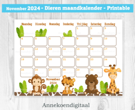 November 2024 kalender Safari - Dieren