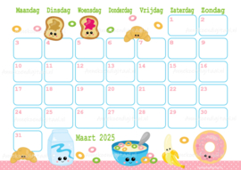 Maart 2025 kalender Cute Breakfast - Kawaii