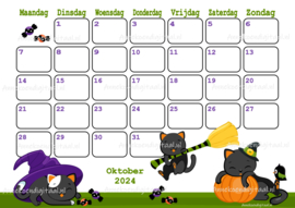 Oktober 2024 kalender Halloween katten - Kawaii