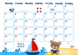 Juli 2023 kalender Beer met zeilboot - Dieren