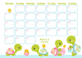 April 2025 kalender Schildpadden - Kawaii