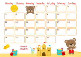 Juni 2023 kalender beren  op het strand- Beren en vrienden
