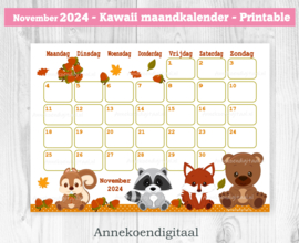 November 2024 kalender Bosdieren - Kawaii