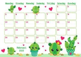 Februari 2025 kalender Cactussen - Kawaii