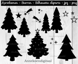 Kerstbomen en sterren silhouette cliparts