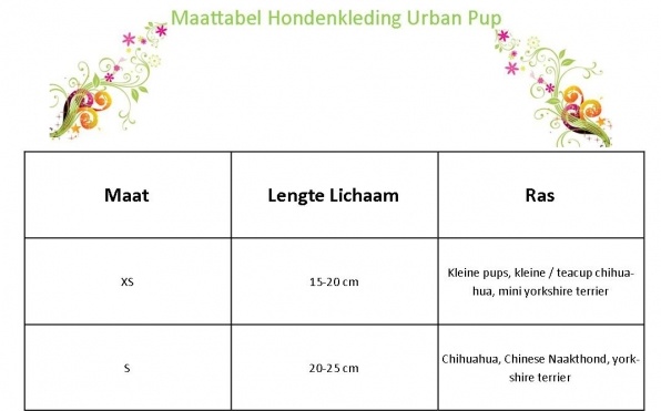 maattabel hondenkleding chihuahua urban pup