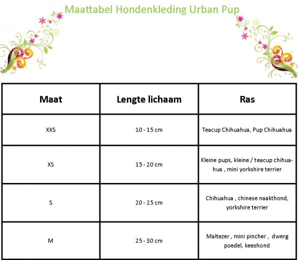 maattabel hondenkleding chihuahua urban pup