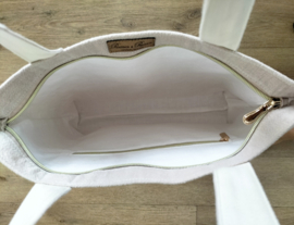 Stone washed linnen tas met geborduurde veldbloemen zand/ beige