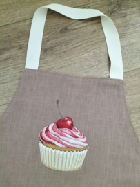 Keukenschort cognac stone washed linnen geborduurde, gepersonaliseerde naam en cupcake