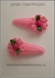 Setje haarknipjes roze met fuchsia roosje