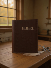 Bijbelhoes 'Bijbel met uitleg' donkerbruin lamsleer borduring
