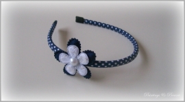 Diadeem donkerblauw/witte stip met zilver parelknopje