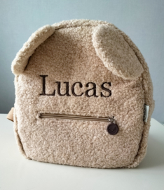 Rugzakje Teddystof beige met geborduurde naam