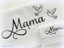 Luxe handdoek set 50 x 100 cm wit met washand 'mama' en twee duiven