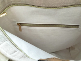 Stone washed linnen tas met geborduurde veldbloemen zand/ beige
