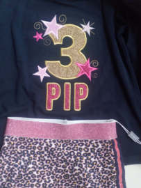 Donkerblauw verjaardagsshirt/ longsleeve met cijfer en naam roze goud glitter en sterren