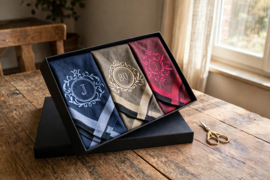 Luxe heren zakdoeken met borduring initiaal/ cijfer in geschenkdoos zwart