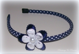 Diadeem donkerblauw/witte stip met zilver parelknopje