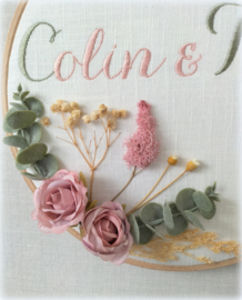 Trouwringhouder geborduurd droogbloemen berkenhouten ring in geschenkdoos oud roze, oud goud, eucalyptus groen