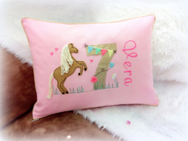 Kinderkussentje paard/ pony roze canvas met goud glitter verjaardagscijfer en naam geborduurd gepersonaliseerd