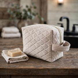 Luxe toilettas stone washed linnen zand/beige gewatteerd quilt