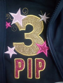 Donkerblauw verjaardagsshirt/ longsleeve met cijfer en naam roze goud glitter en sterren