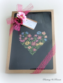 Zwart katoen tas met hengsel bloemenhart borduring