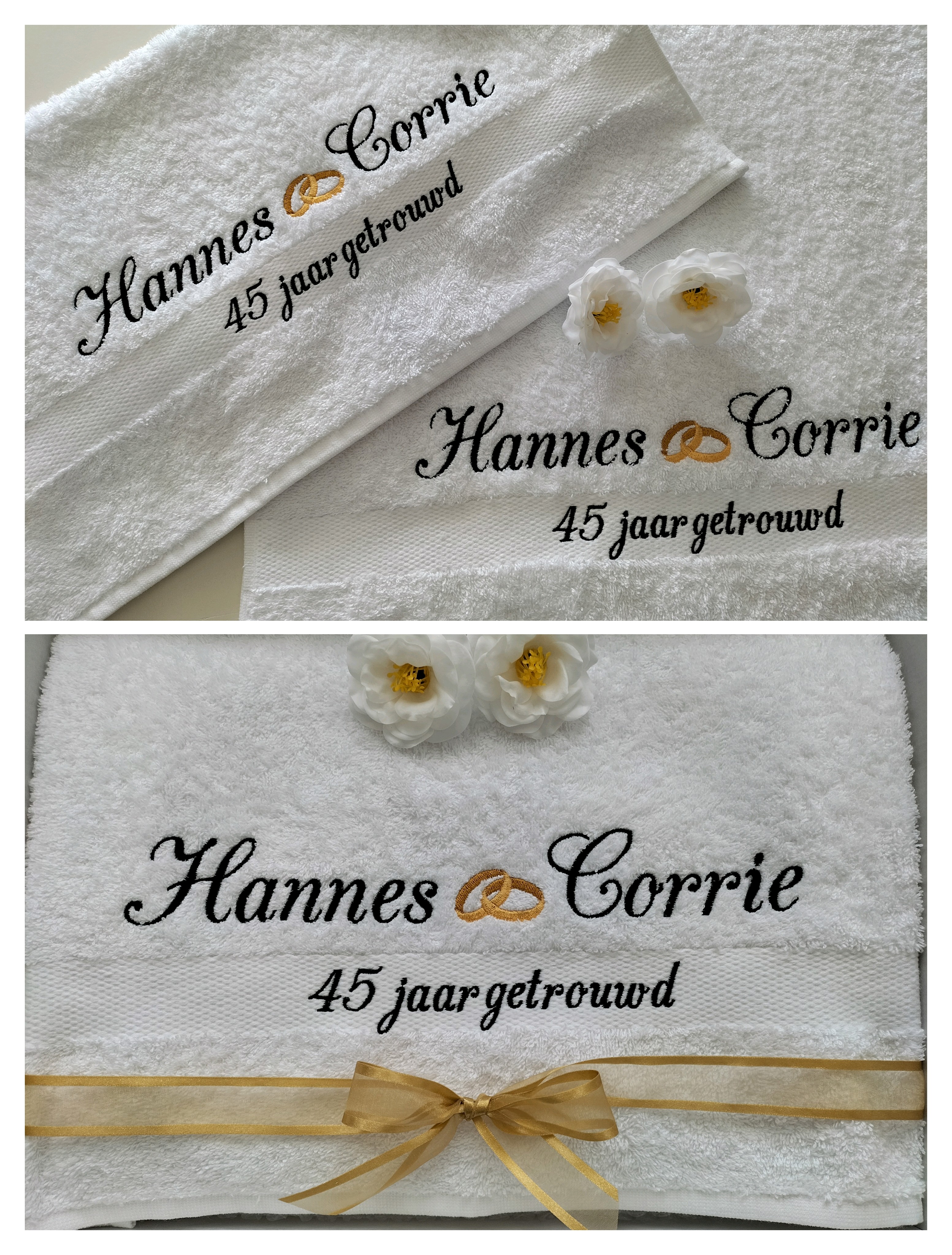 Handdoek wit huwelijksjubileum  45 jaar getrouwd