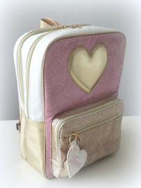 Rugzak hartje roze goud glitter wit kunstleer geborduurd sleutelhanger met naam