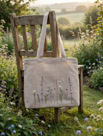 Stone washed linnen tas met geborduurde veldbloemen zand/ beige