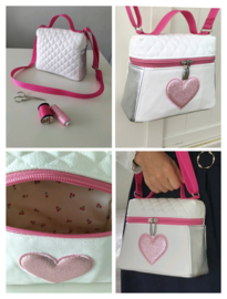 Meisjes handtasje schoudertasje wit zilver roze glitter hartje fuchsia