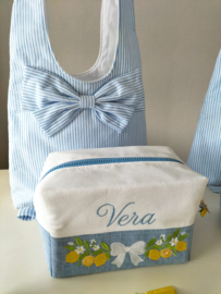 Dames/ meisjes schoudertas licht blauw/ wit streep met strik katoen