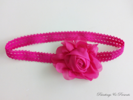 Haarbandje fel roze kant elastisch met fuchsia roos