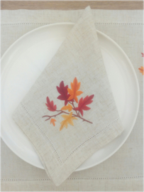 Landelijke set linnen servet en placemat 'herfstbladeren' geborduurd