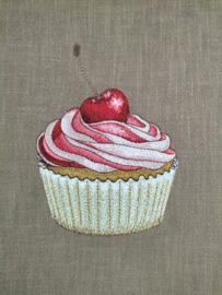 Keukenschort cognac stone washed linnen geborduurde, gepersonaliseerde naam en cupcake