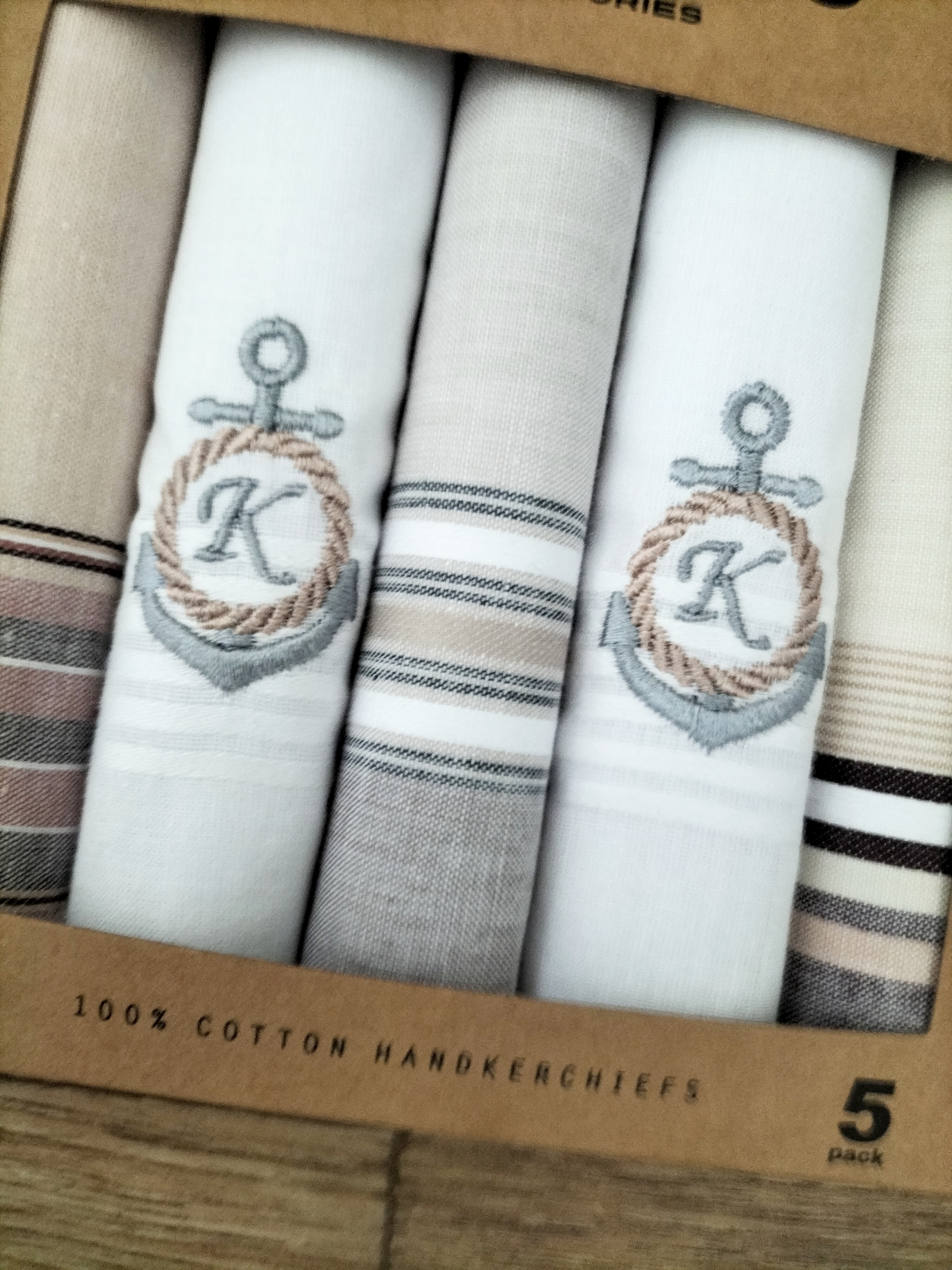Luxe herenzakdoeken met monogram initiaal geborduurd anker touw zand bruin grijs