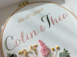 Trouwringhouder geborduurd droogbloemen berkenhouten ring in geschenkdoos oud roze, oud goud, eucalyptus groen