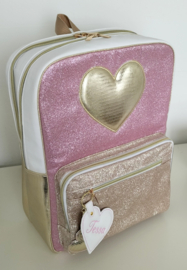 Rugzak hartje roze goud glitter wit kunstleer geborduurd sleutelhanger met naam