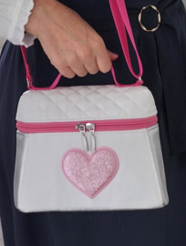 Meisjes handtasje schoudertasje wit zilver roze glitter hartje fuchsia