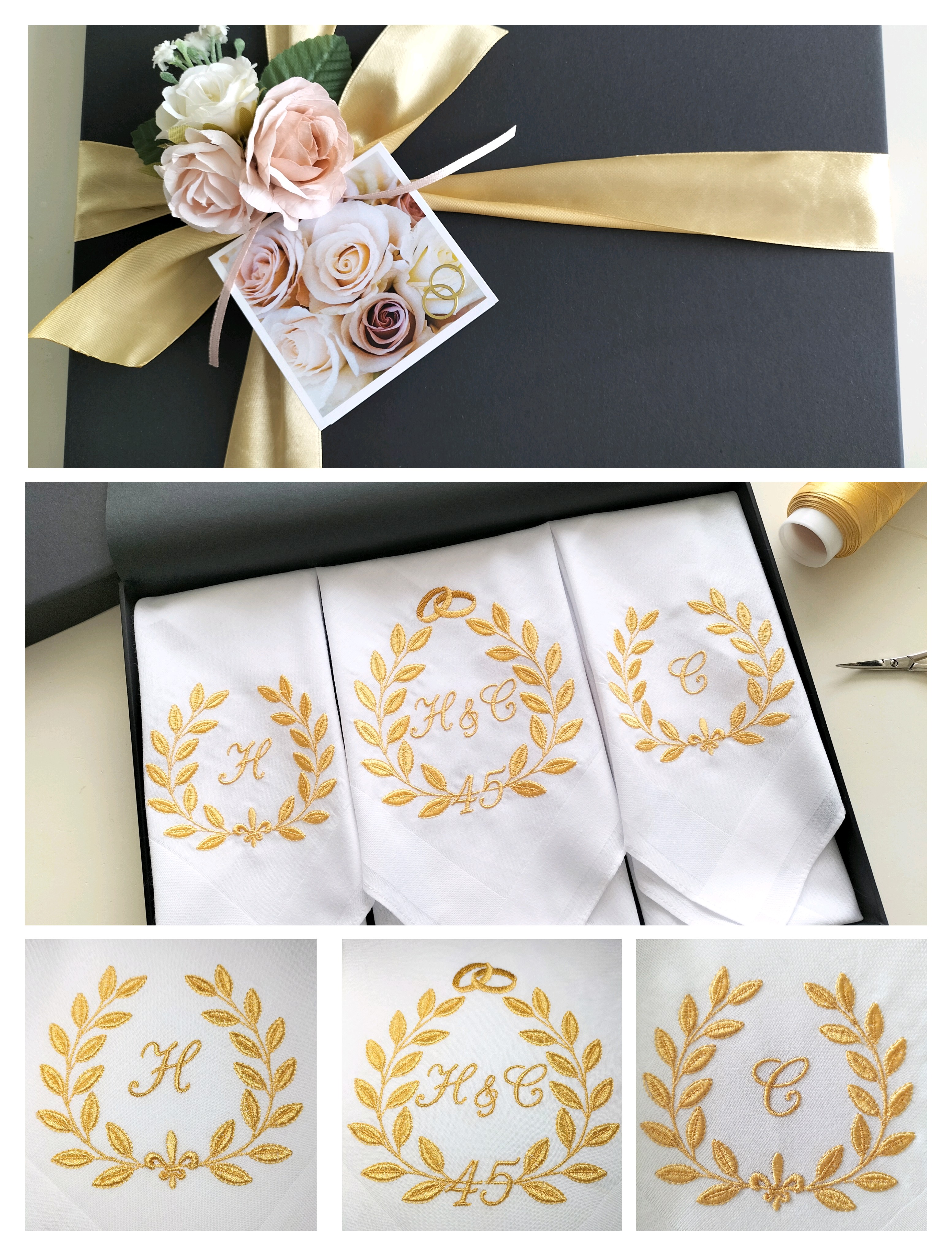 Luxe gepersonaliseerde zakdoeken met geborduurde initialen in geschenkdoos huwelijk