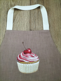 Keukenschort cognac stone washed linnen geborduurde, gepersonaliseerde naam en cupcake
