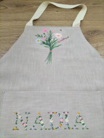 Keukenschort zand linnen veldboeket en naam bloemen in roze, lichtblauw, geel, wit