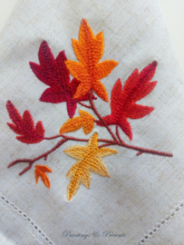 Landelijke set linnen servet en placemat 'herfstbladeren' geborduurd