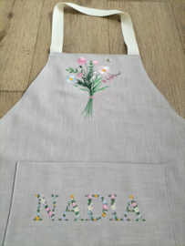 Keukenschort zand linnen veldboeket en naam bloemen in roze, lichtblauw, geel, wit