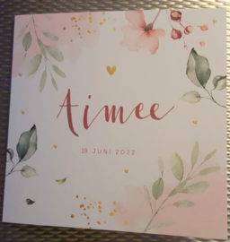 Slab badstof/ wafelstof licht oud roze/  takjes bloem met geborduurde naam geboortekaartje