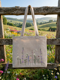 Stone washed linnen tas met geborduurde veldbloemen zand/ beige