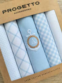 Luxe herenzakdoeken met monogram initiaal geborduurd anker touw licht blauw wit