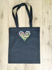 Zwart katoen tas met hengsel bloemenhart borduring