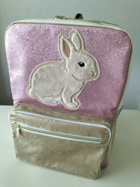 Rugzak konijn roze goud glitter wit kunstleer geborduurd sleutelhanger