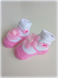 babysokjes meisjes roze/fuchsia/zwart/ babyroze  'Mary Jane' sokjes 0 - 6 mnd.